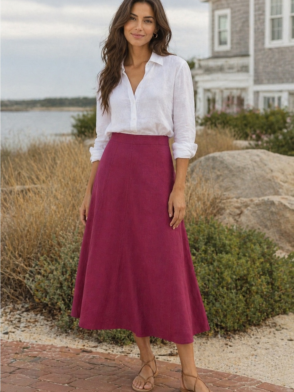 Linen Skirt Midi A line  Talbots Raspberry  12 petite